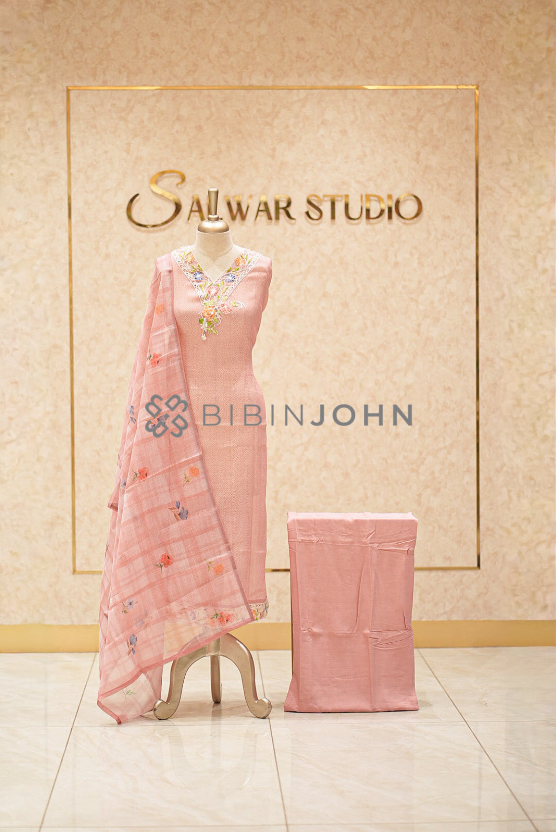 Linen Embroidery Semi Stitched Salwar Suit Material Peach Pink 