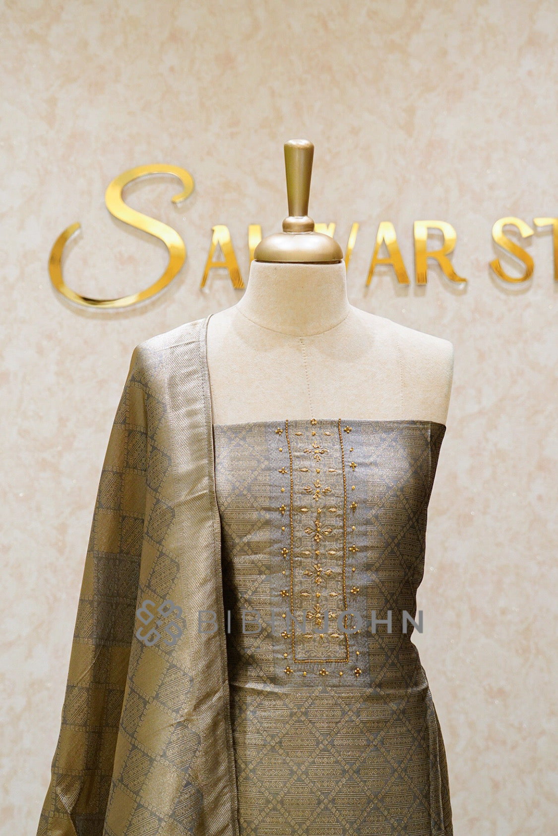 Tissue Embroidery Unstitched Salwar Suit Material Smoky Silver-Grey close view
