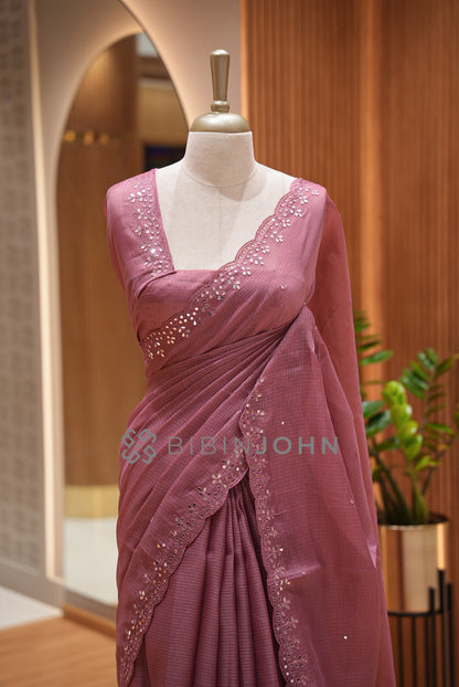 Cotta Embroidery Saree For Women Dusty Rose close view