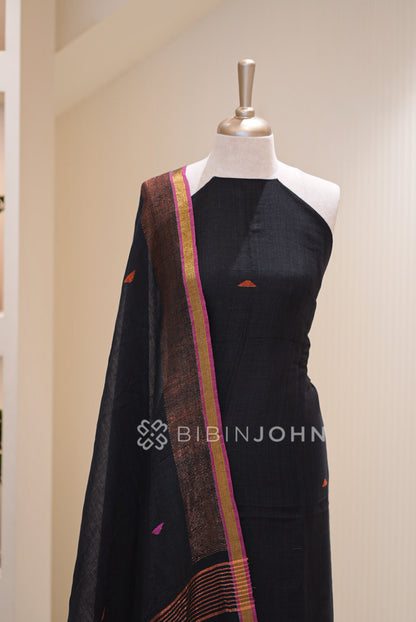  Linen Jamdani Unstitched Salwar Suit Material Black  CLOSE VIEW