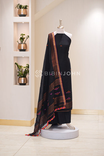  Linen Jamdani Unstitched Salwar Suit Material Black FULL VIEW