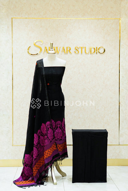 Linen Jamdani Unstitched Salwar Suit Material Black 