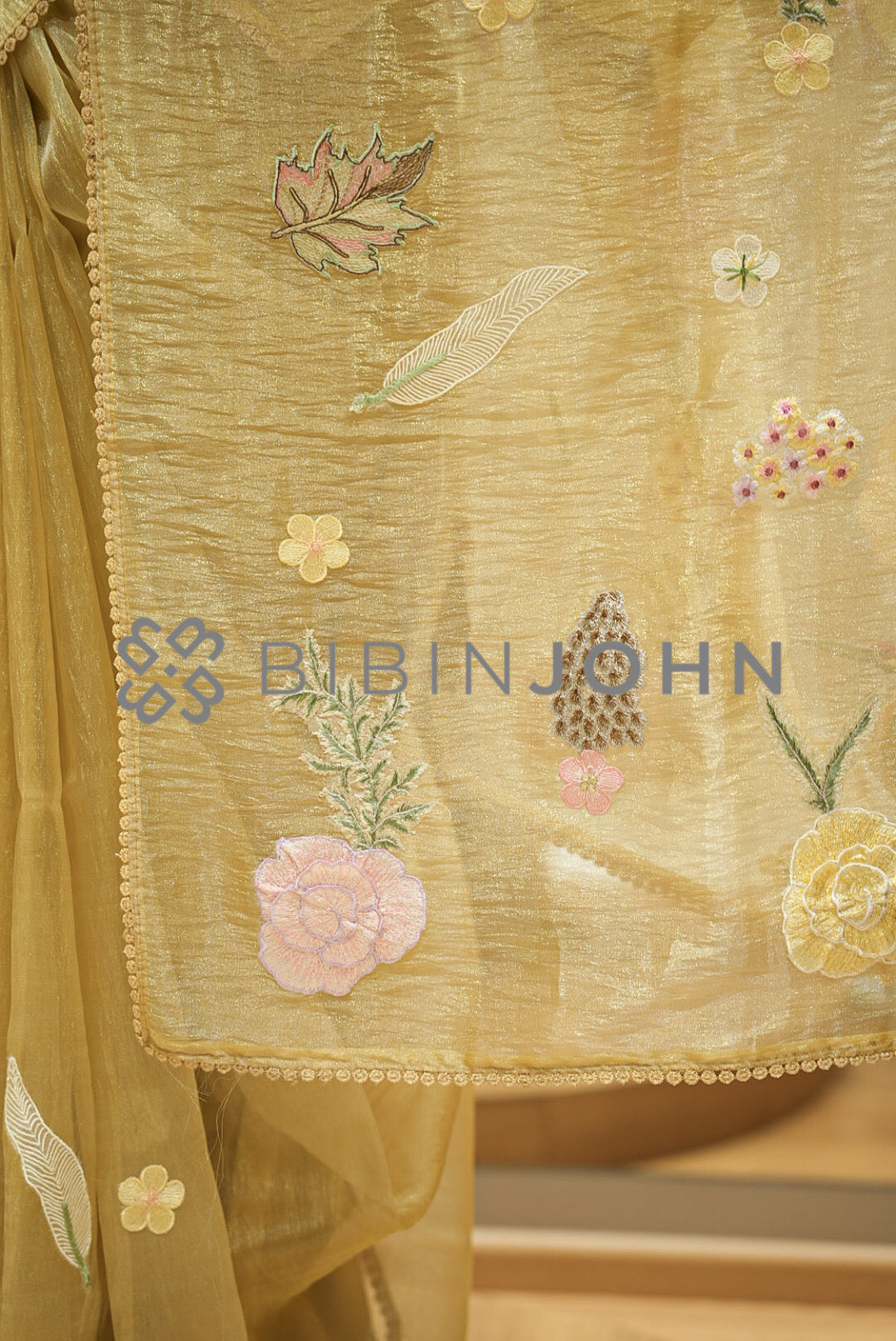 Tissue Organza Embroidery Saree For Women Golden-Yellow PALLU