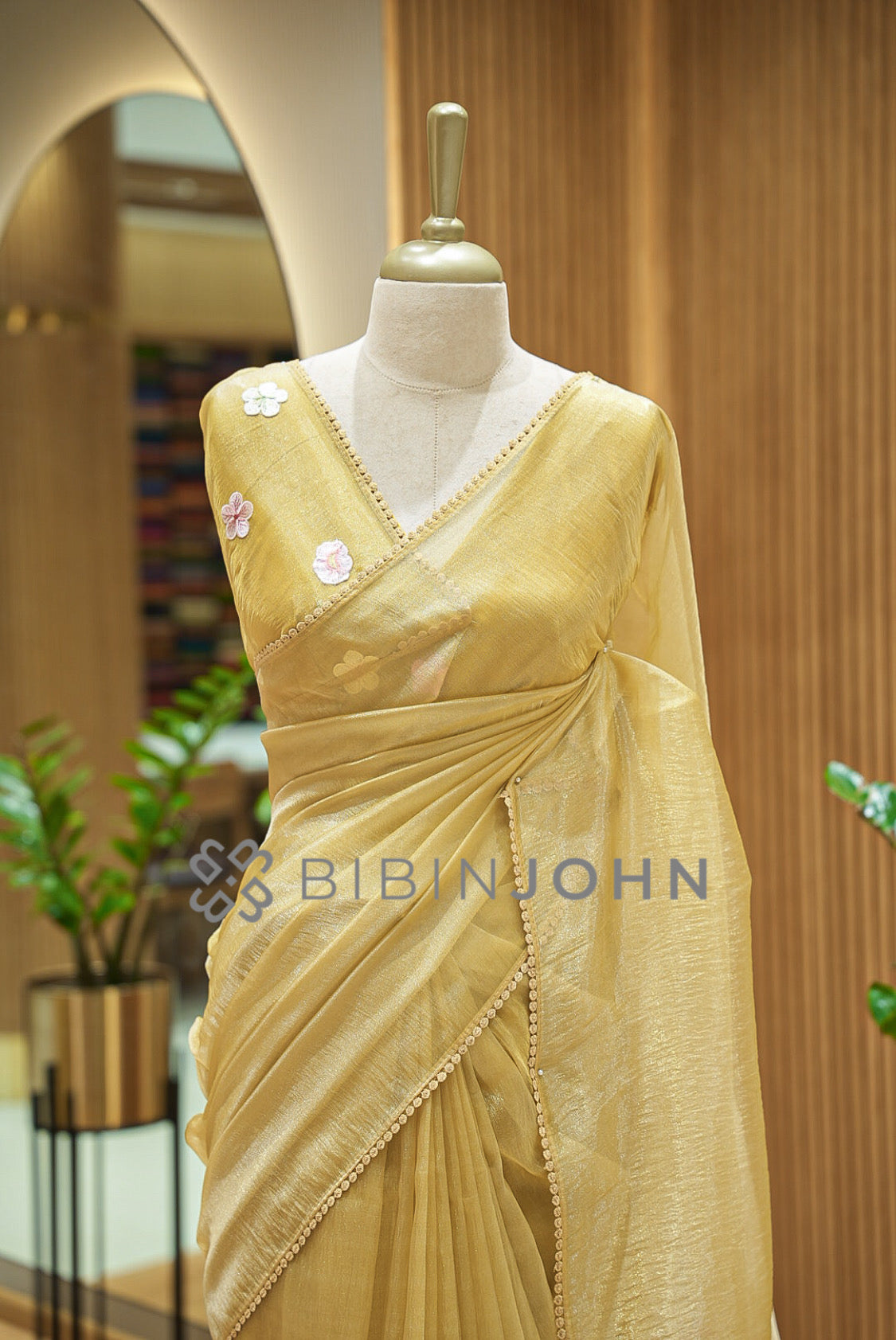 Tissue Organza Embroidery Saree For Women Golden-Yellow CLOSE VIEW