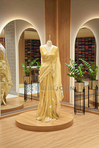 Tissue Organza Embroidery Saree For Women Golden-Yellow