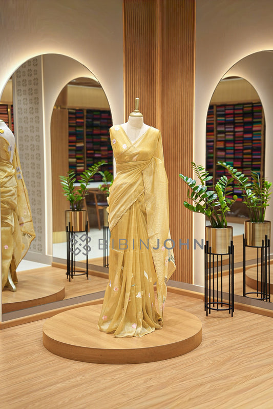 Tissue Organza Embroidery Saree For Women Golden-Yellow