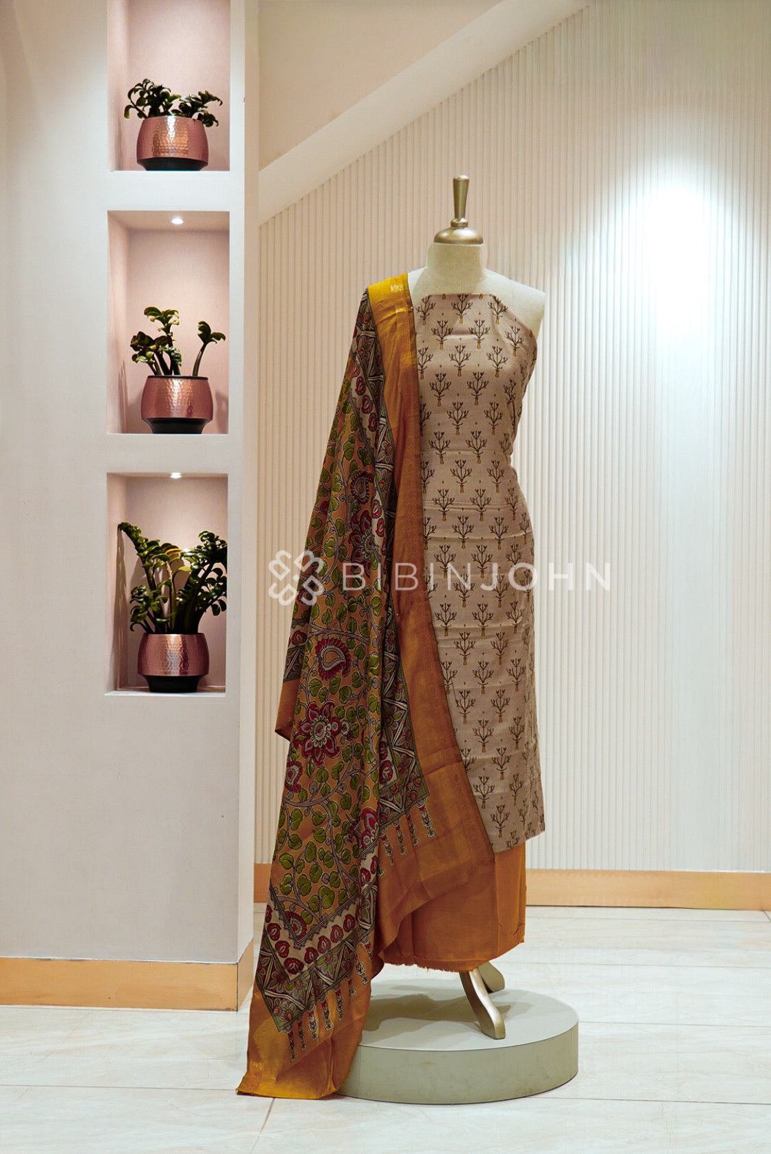 Printed Semi Silk Unstitched Salwar Suit Material Beige 