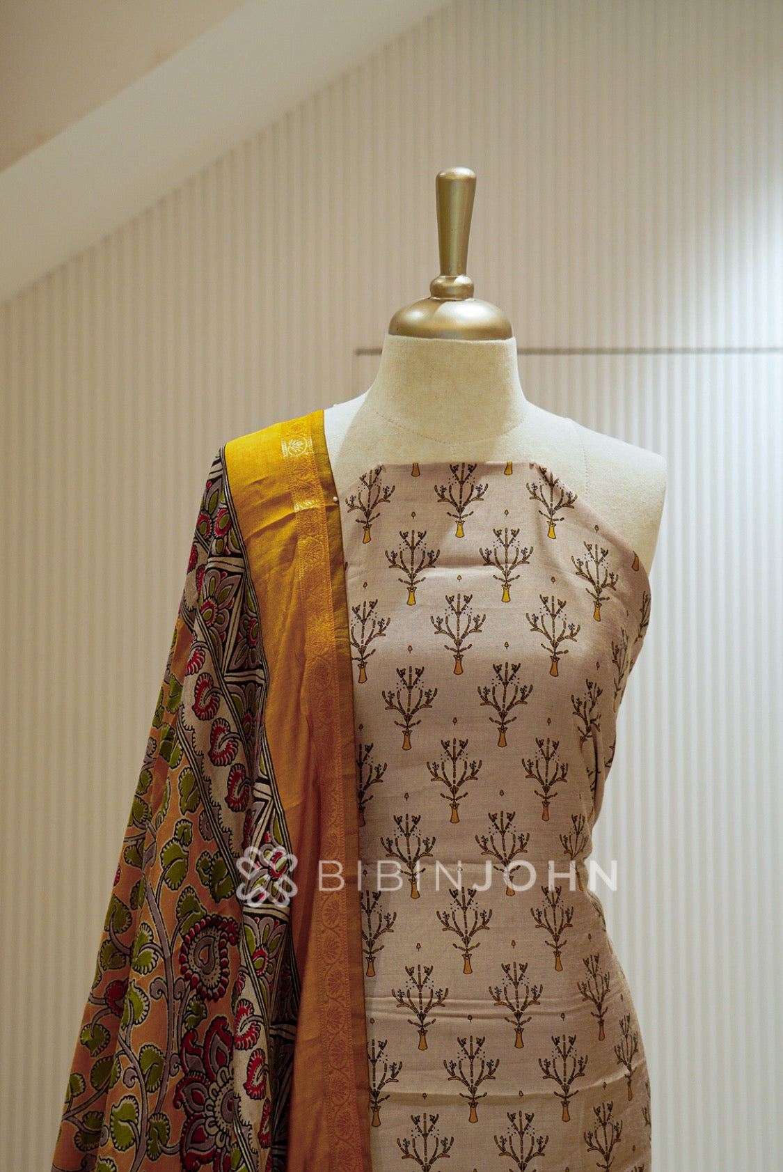 Printed Semi Silk Unstitched Salwar Suit Material Beige  close view