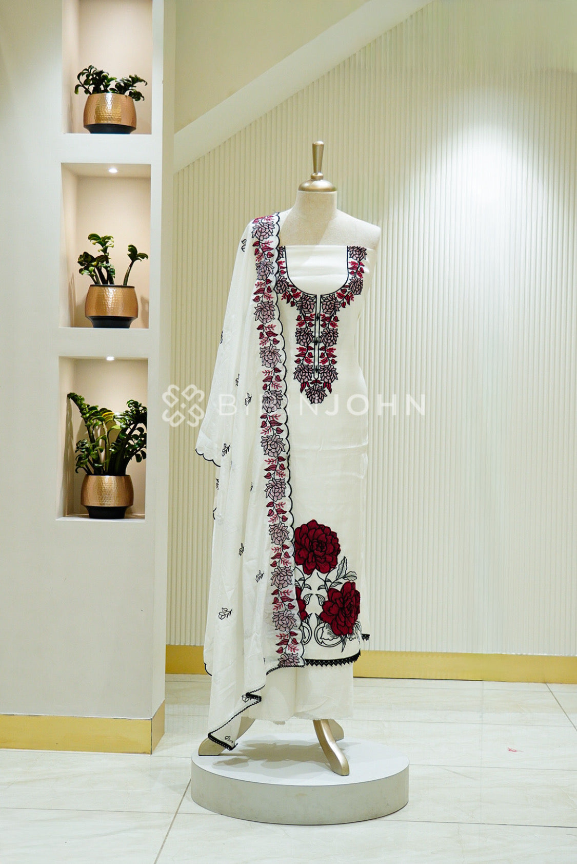 Velvet Organza Embroidery Unstitched Salwar Suit Material White 