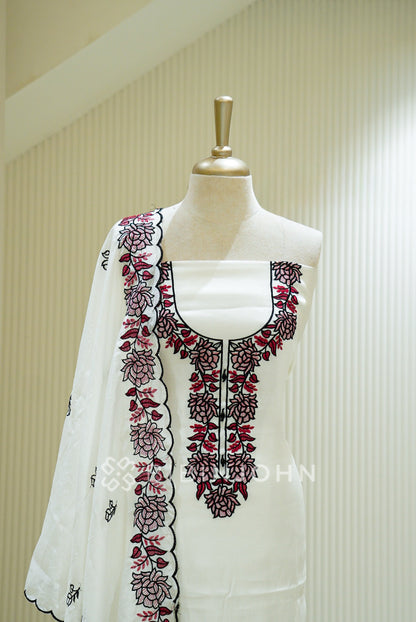 Velvet Organza Embroidery Unstitched Salwar Suit Material White close view