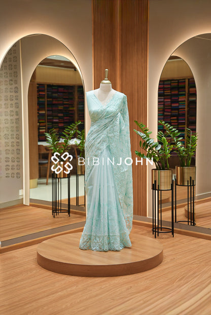 Cotta Embroidery Saree For Women Mint Aqua