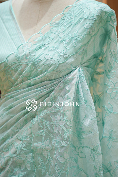 Cotta Embroidery Saree For Women Mint Aqua SIDE VIEW