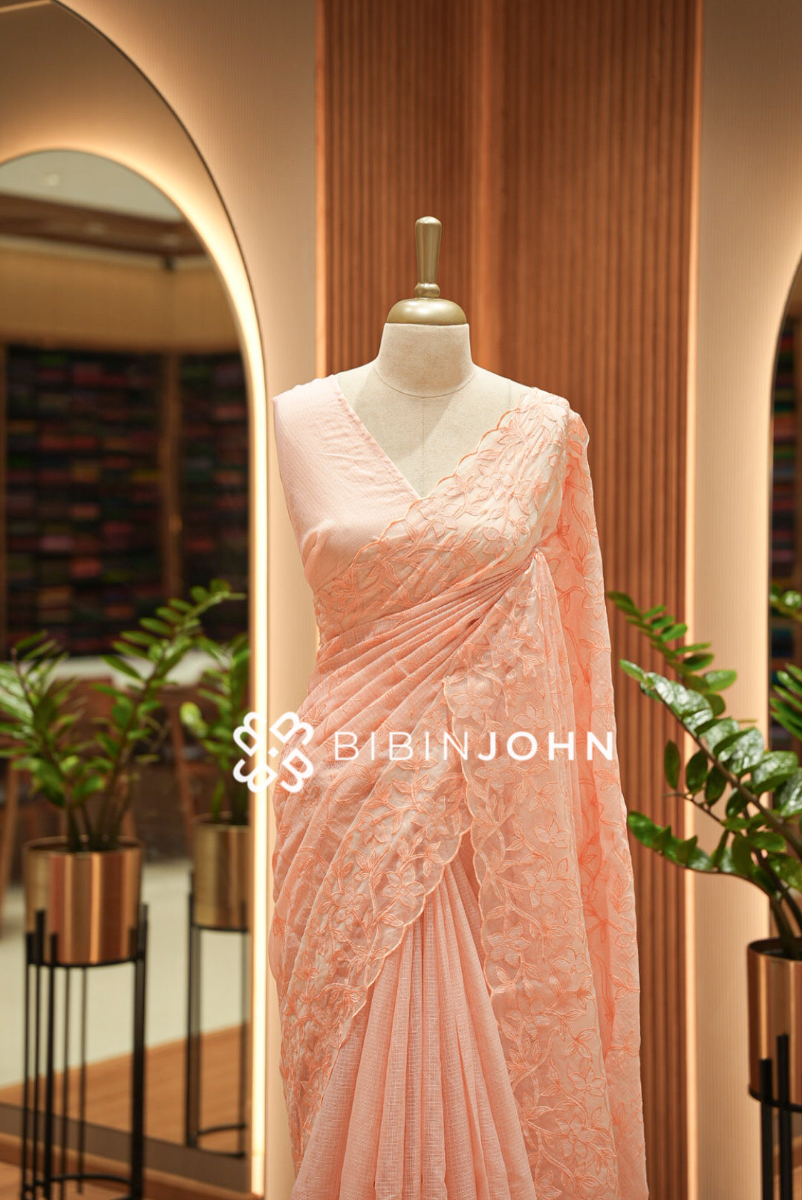 Cotta Embroidery Saree For Women Peach CLOSE VIEW