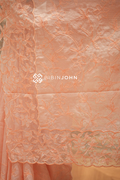 Cotta Embroidery Saree For Women Peach PALLU