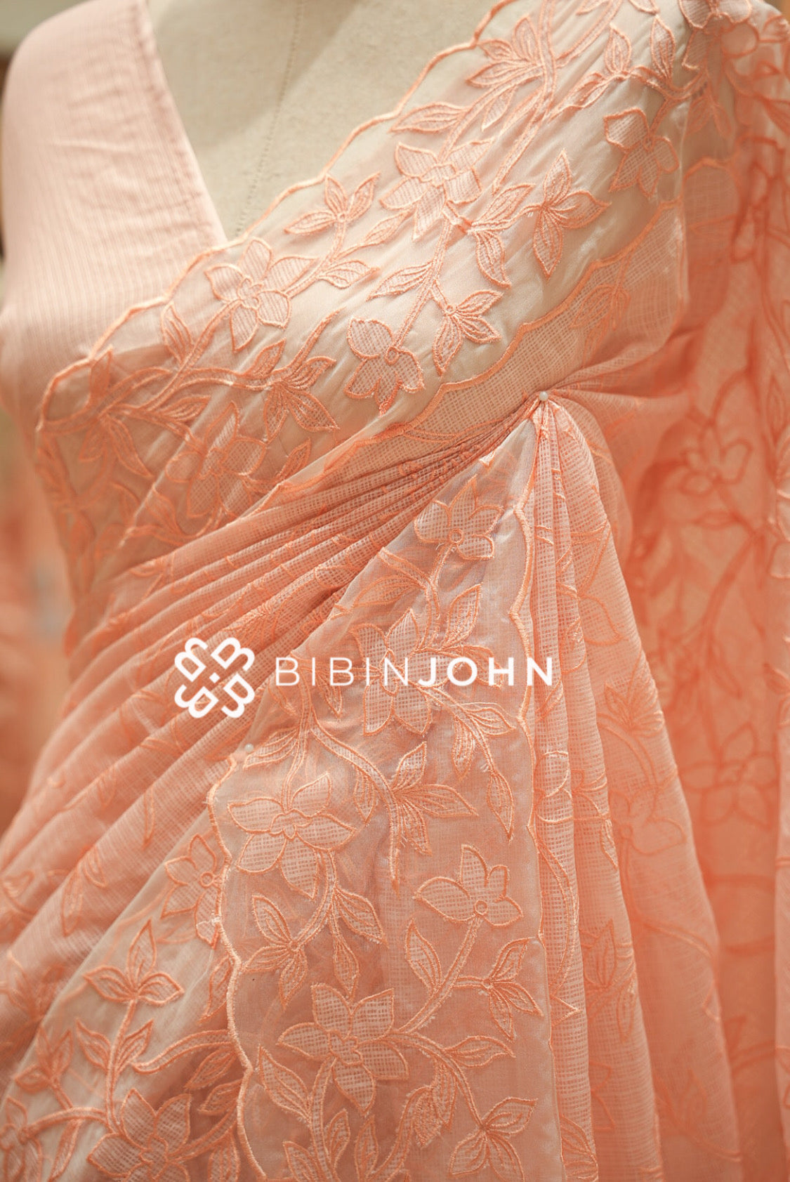 Cotta Embroidery Saree For Women Peach SIDE VIEW
