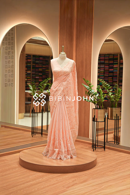 Cotta Embroidery Saree For Women Peach