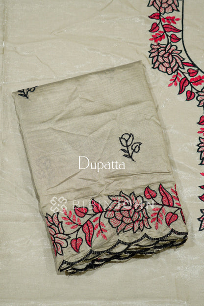 Stone Toned Velvet Organza Embroidery Unstitched Salwar Suit Material DUPATTA
