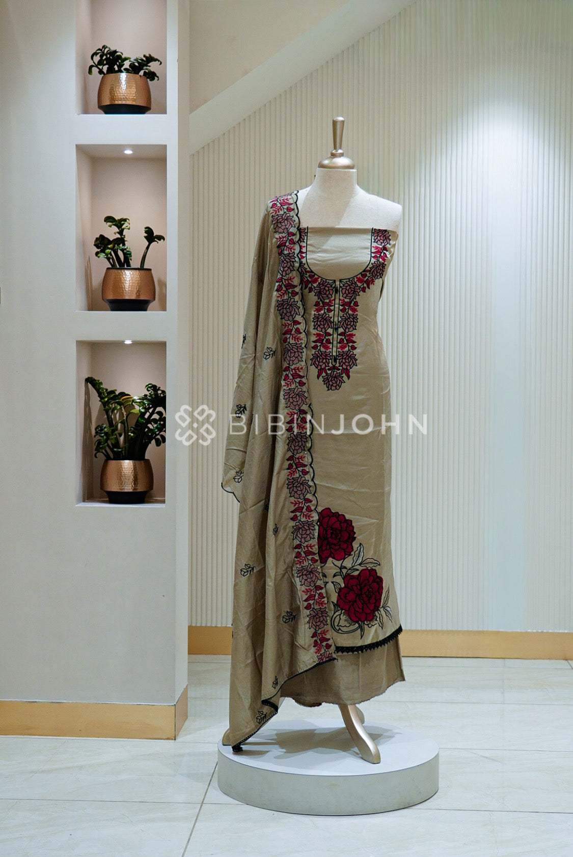 Stone Toned Velvet Organza Embroidery Unstitched Salwar Suit Material
