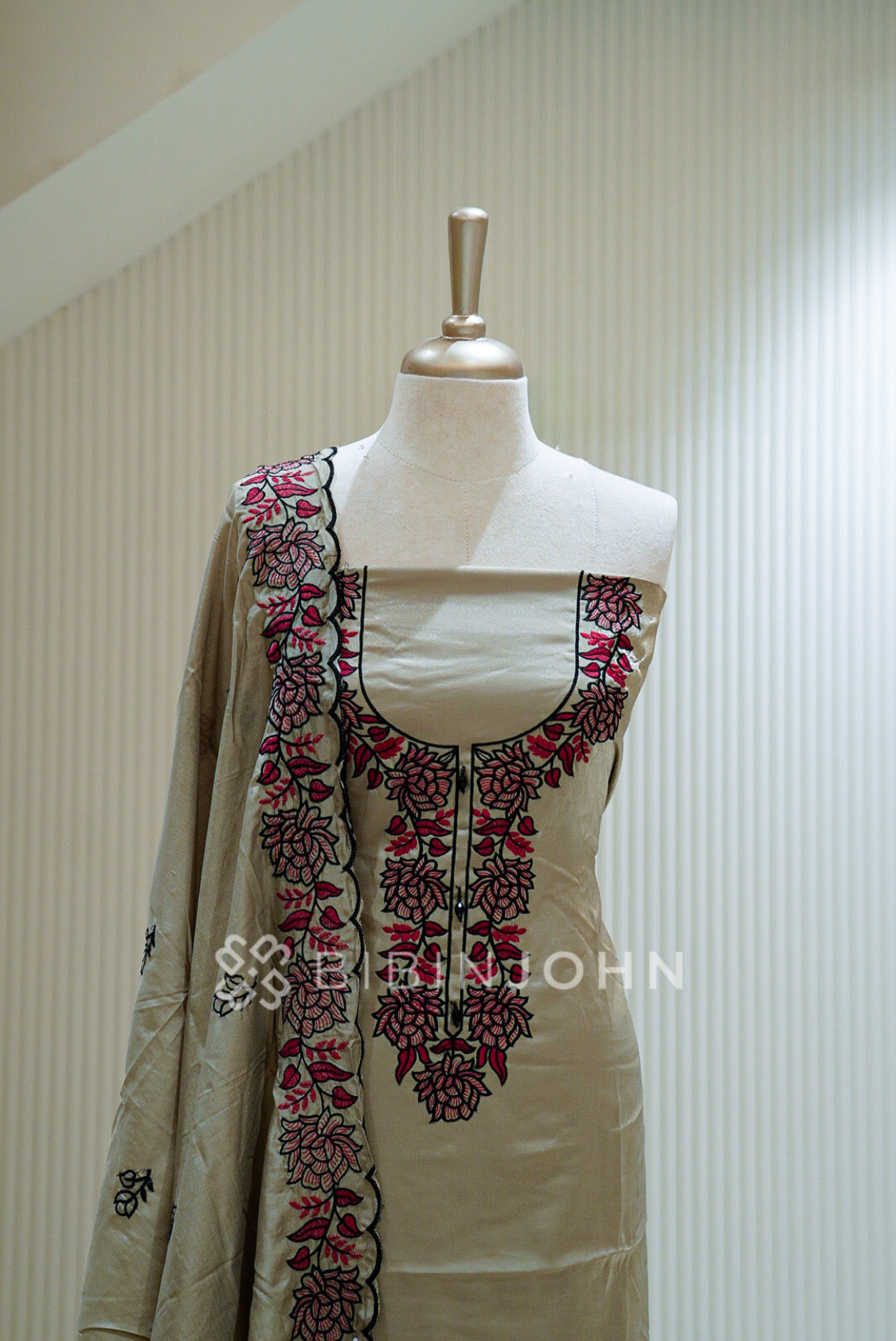 Stone Toned Velvet Organza Embroidery Unstitched Salwar Suit Material CLOSE VIEW