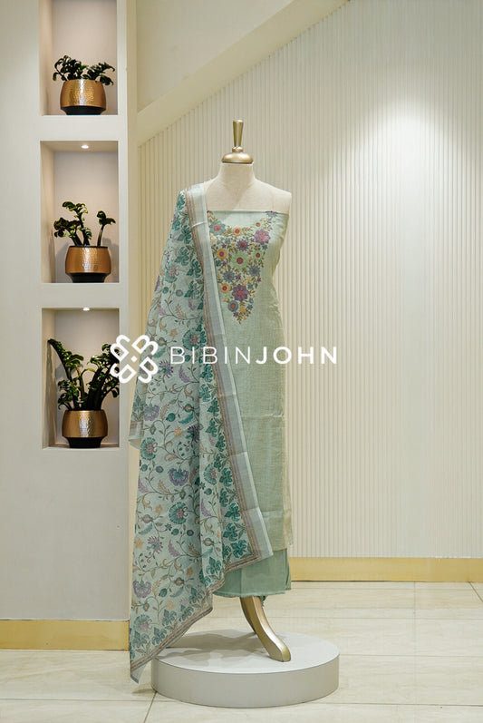 Chanderi Embroidery Unstitched Salwar suit Material Pastel Aqua BJ0952