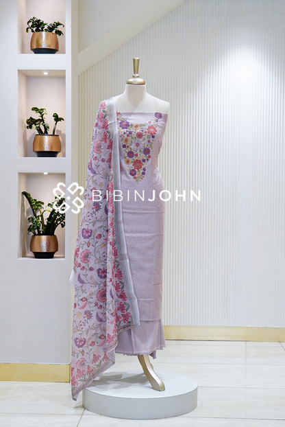 Chanderi Embroidery Unstitched Salwar suit Material Lavender Grey