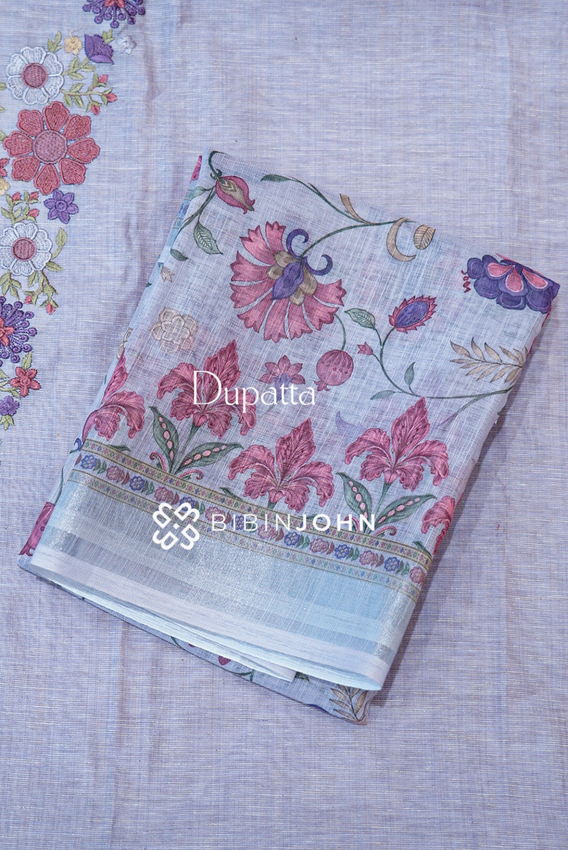 Chanderi Embroidery Unstitched Salwar suit Material Lavender Grey dupatta