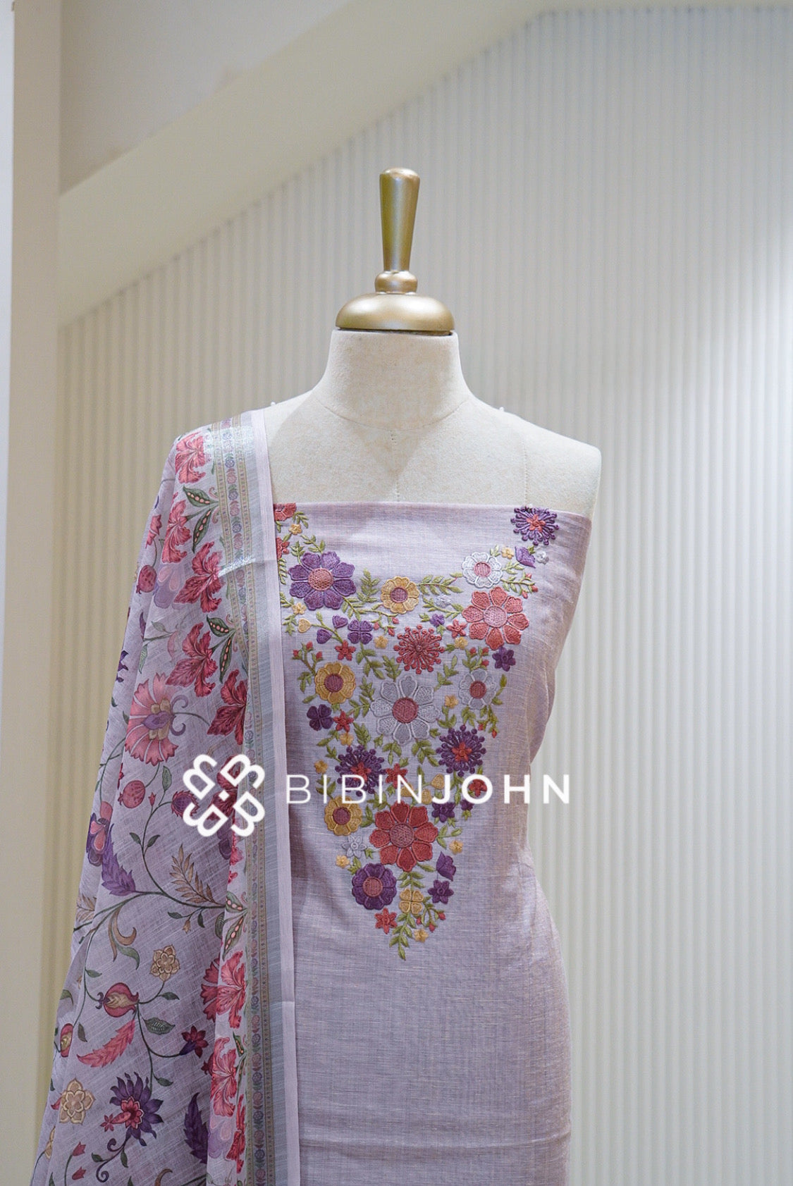 Chanderi Embroidery Unstitched Salwar suit Material Lavender Grey close view