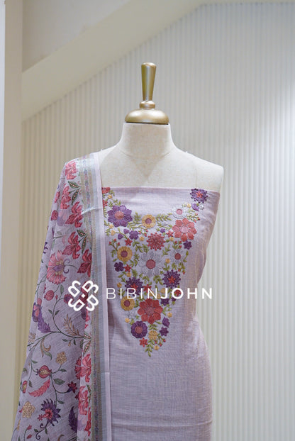 Chanderi Embroidery Unstitched Salwar suit Material Lavender Grey close view