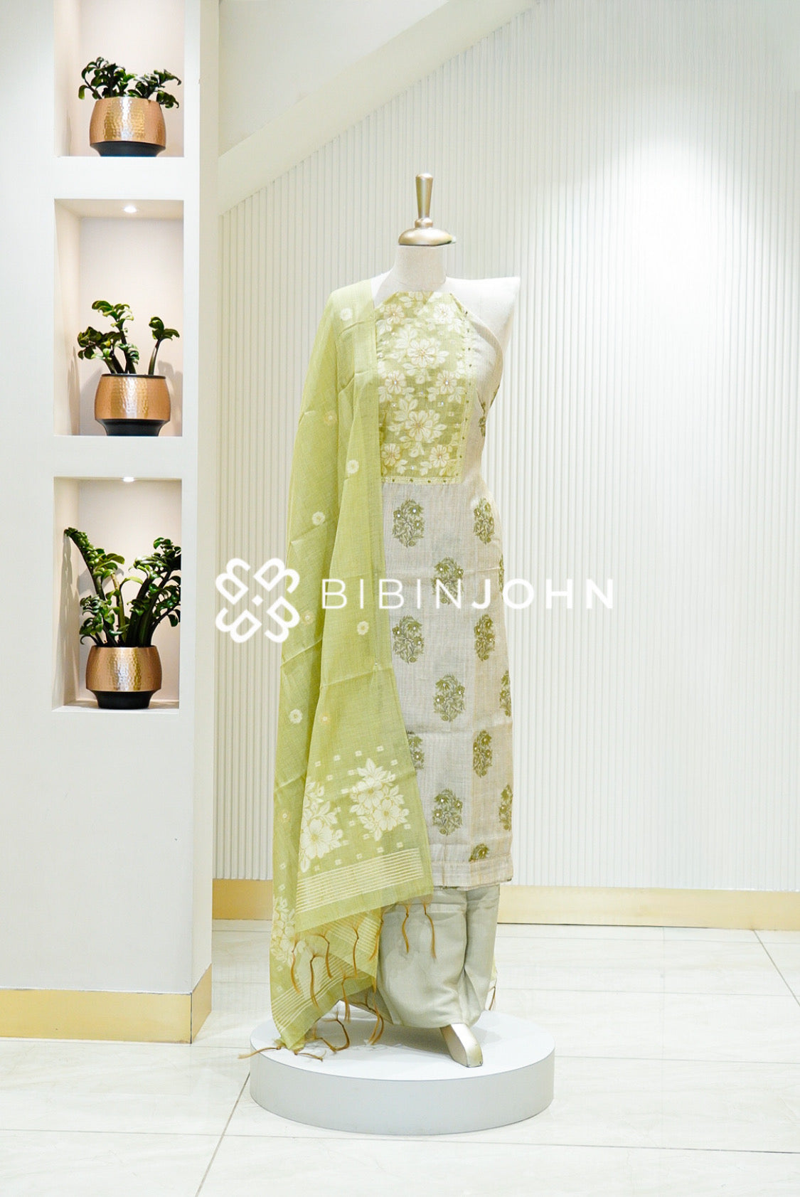 Chanderi Embroidery Unstitched Salwar Suit Material Ivory With Pistachio Green