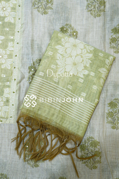 Chanderi Embroidery Unstitched Salwar Suit Material Ivory With Pistachio Green dupatta