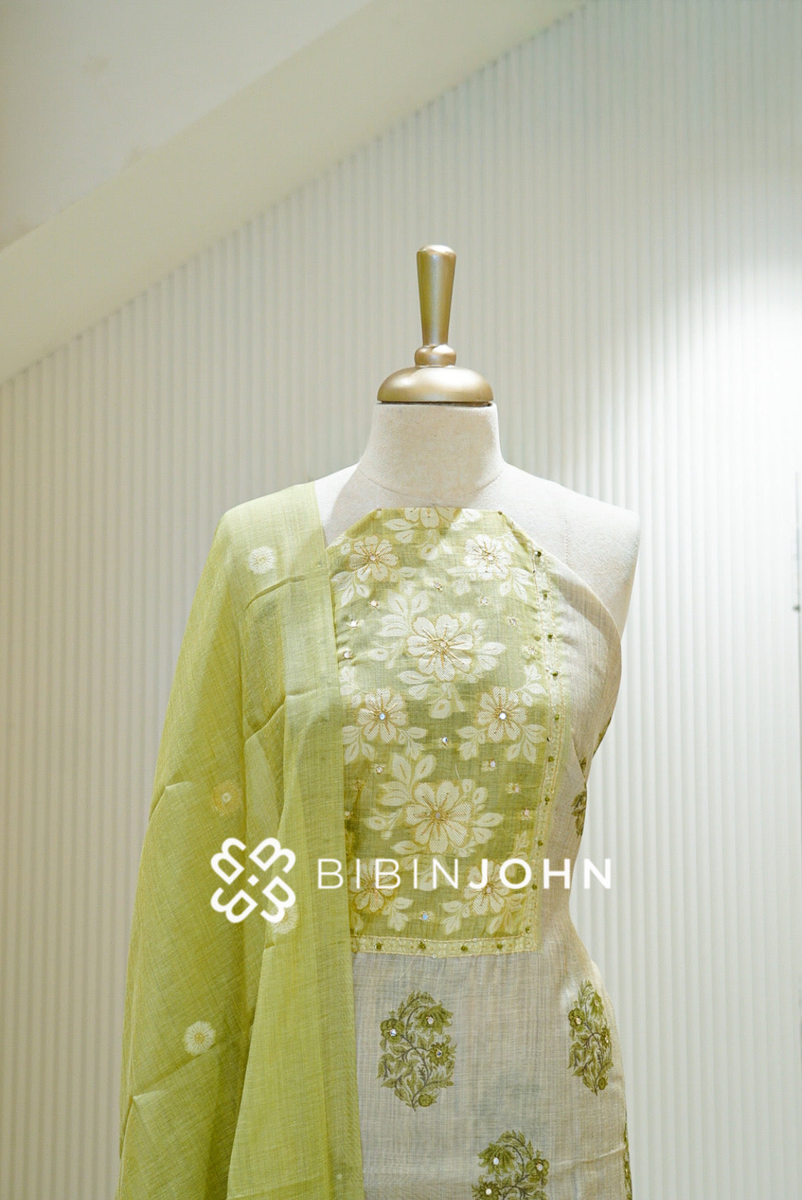 Chanderi Embroidery Unstitched Salwar Suit Material Ivory With Pistachio Green close view