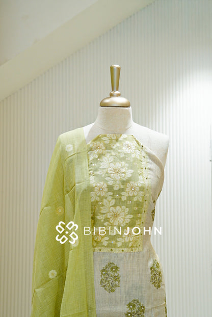 Chanderi Embroidery Unstitched Salwar Suit Material Ivory With Pistachio Green close view