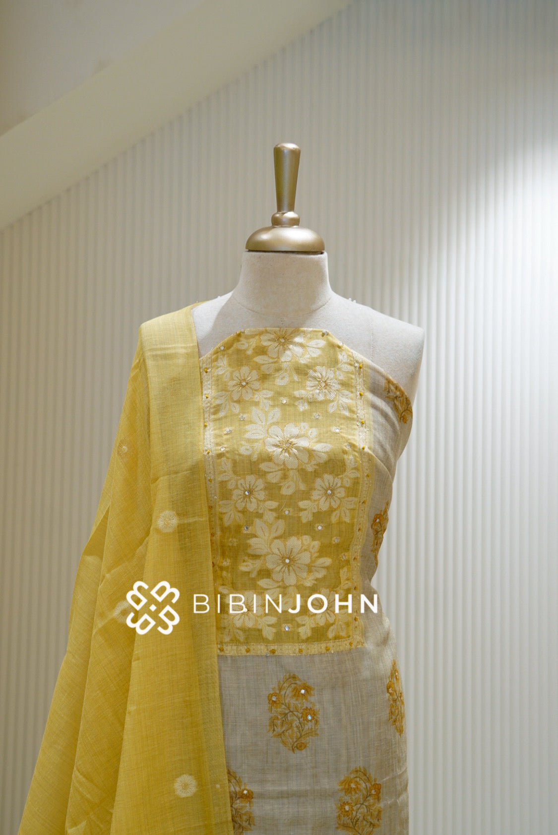Chanderi Embroidery Unstitched Salwar Suit Material Light Grey With Mustard Yellow BJ0962