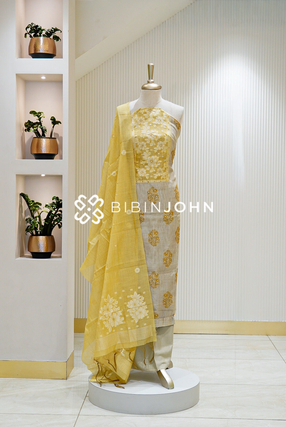 Chanderi Embroidery Unstitched Salwar Suit Material Light Grey With Mustard Yellow BJ0962
