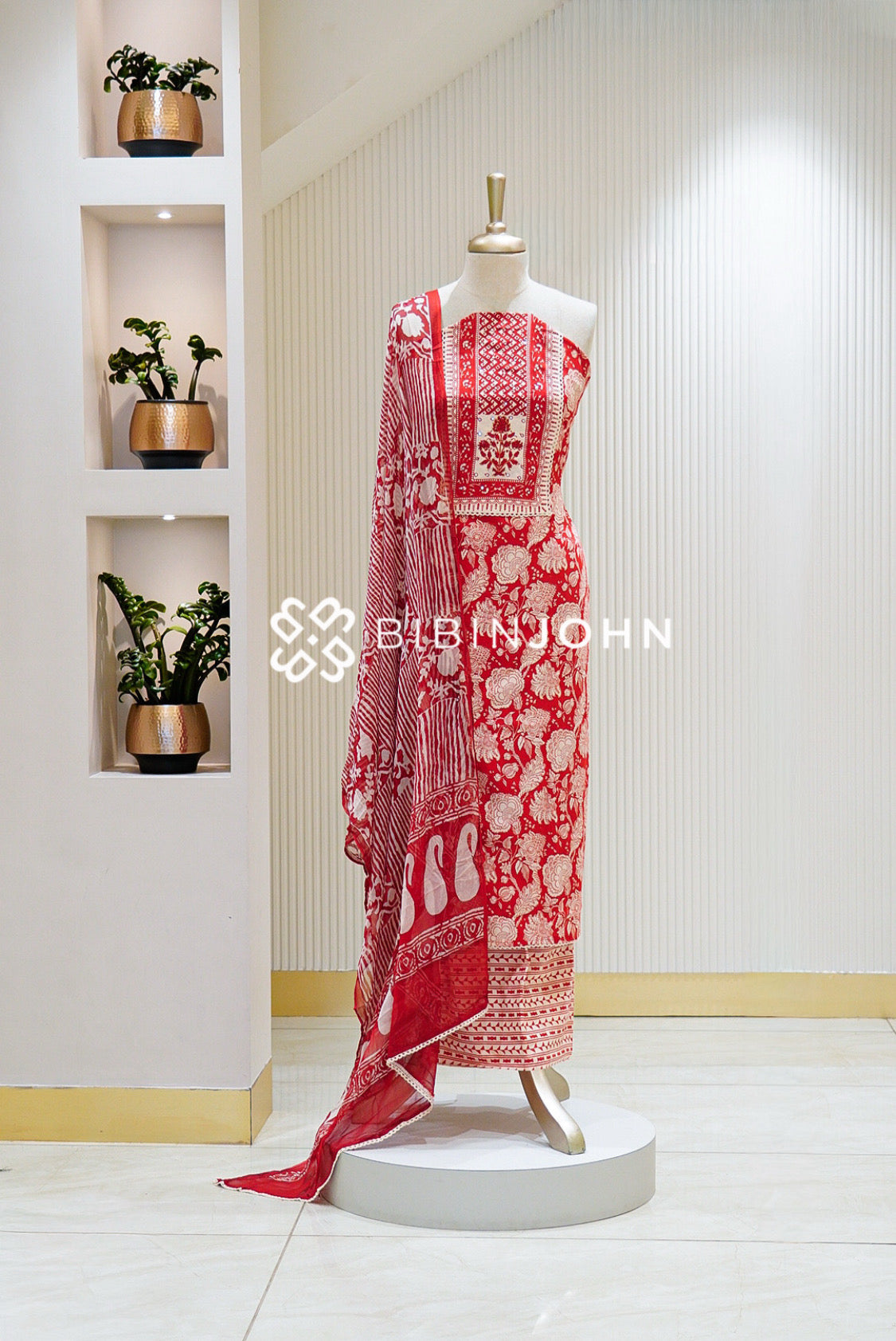 Cotton Embroidery Unstitched Salwar Suits Material Red With Ivory White