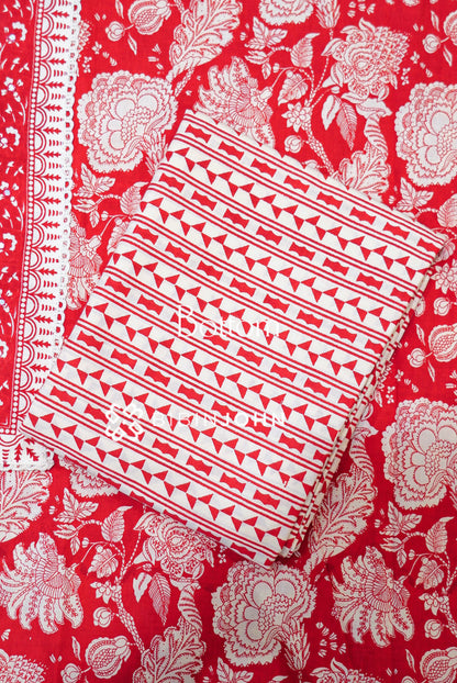 Cotton Embroidery Unstitched Salwar Suits Material Red With Ivory White BOTTOM