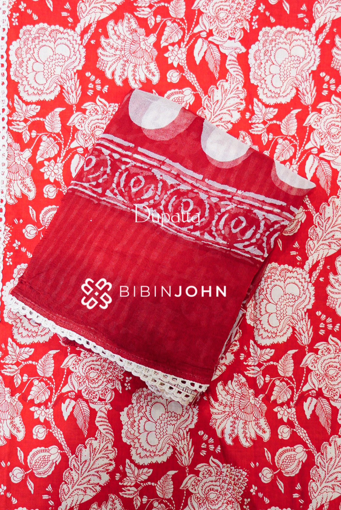 Cotton Embroidery Unstitched Salwar Suits Material Red With Ivory White DUPATTA