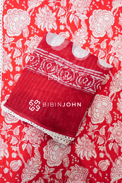 Cotton Embroidery Unstitched Salwar Suits Material Red With Ivory White DUPATTA