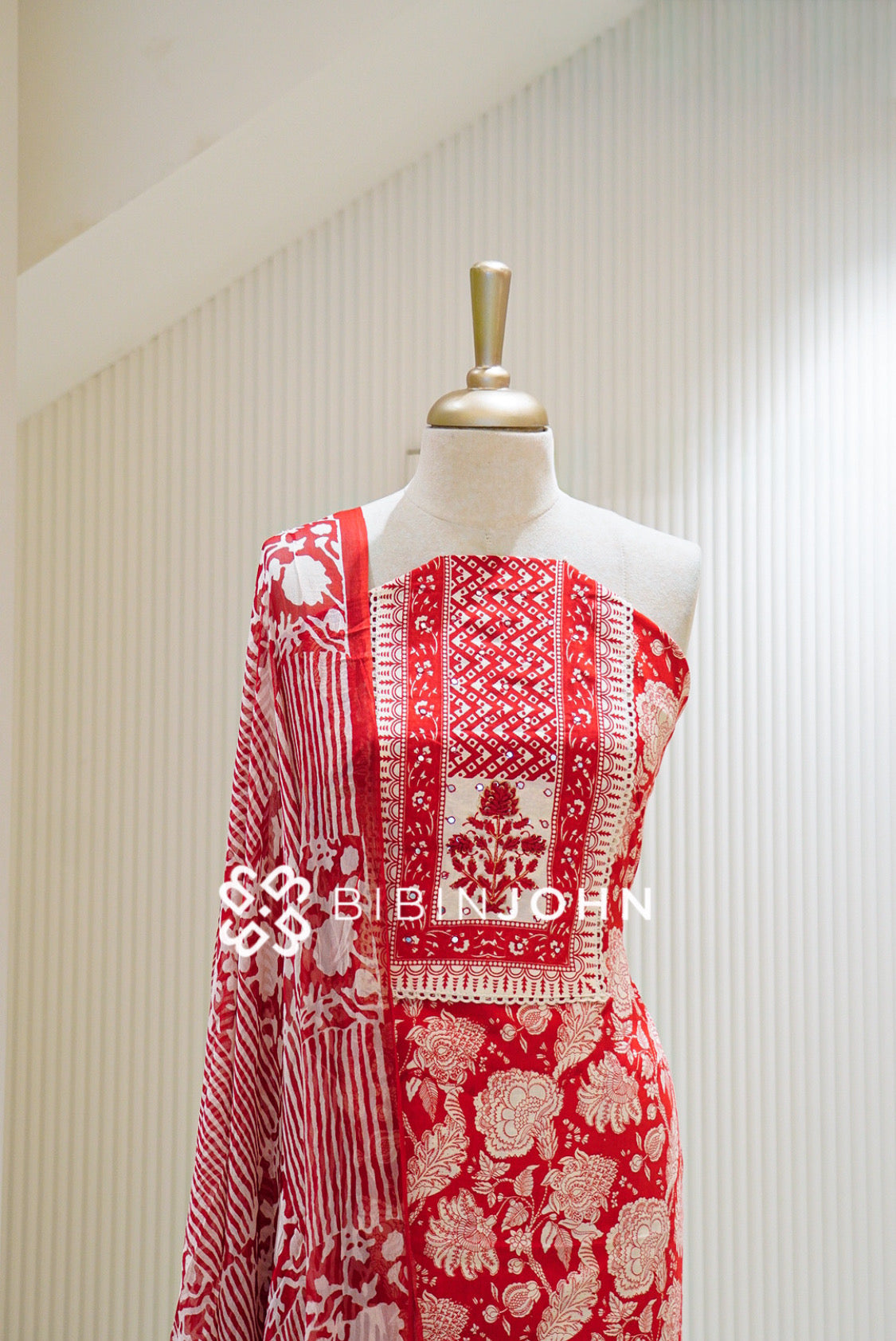 Cotton Embroidery Unstitched Salwar Suits Material Red With Ivory White CLOSE VIEW