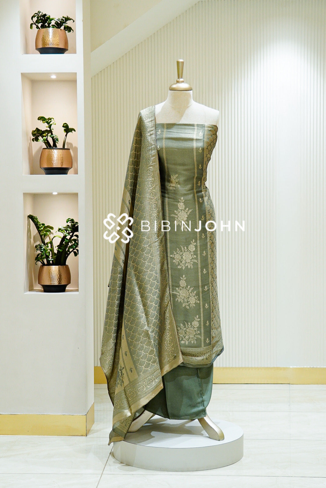 Tissue Banarasi Unstitched Salwar Suit Material Sage Green