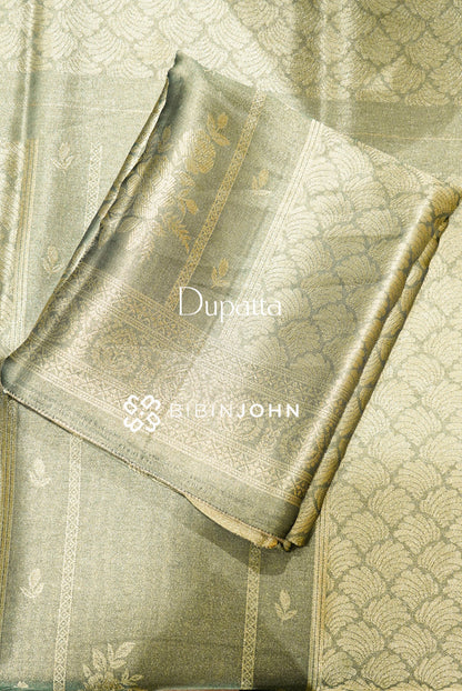 Tissue Banarasi Unstitched Salwar Suit Material Sage Green dupatta