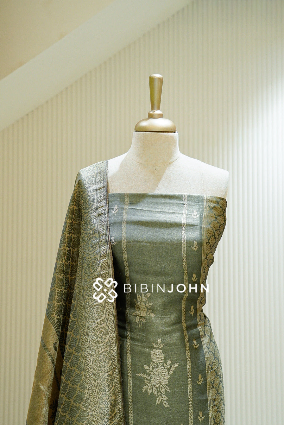 Tissue Banarasi Unstitched Salwar Suit Material Sage Green Close view