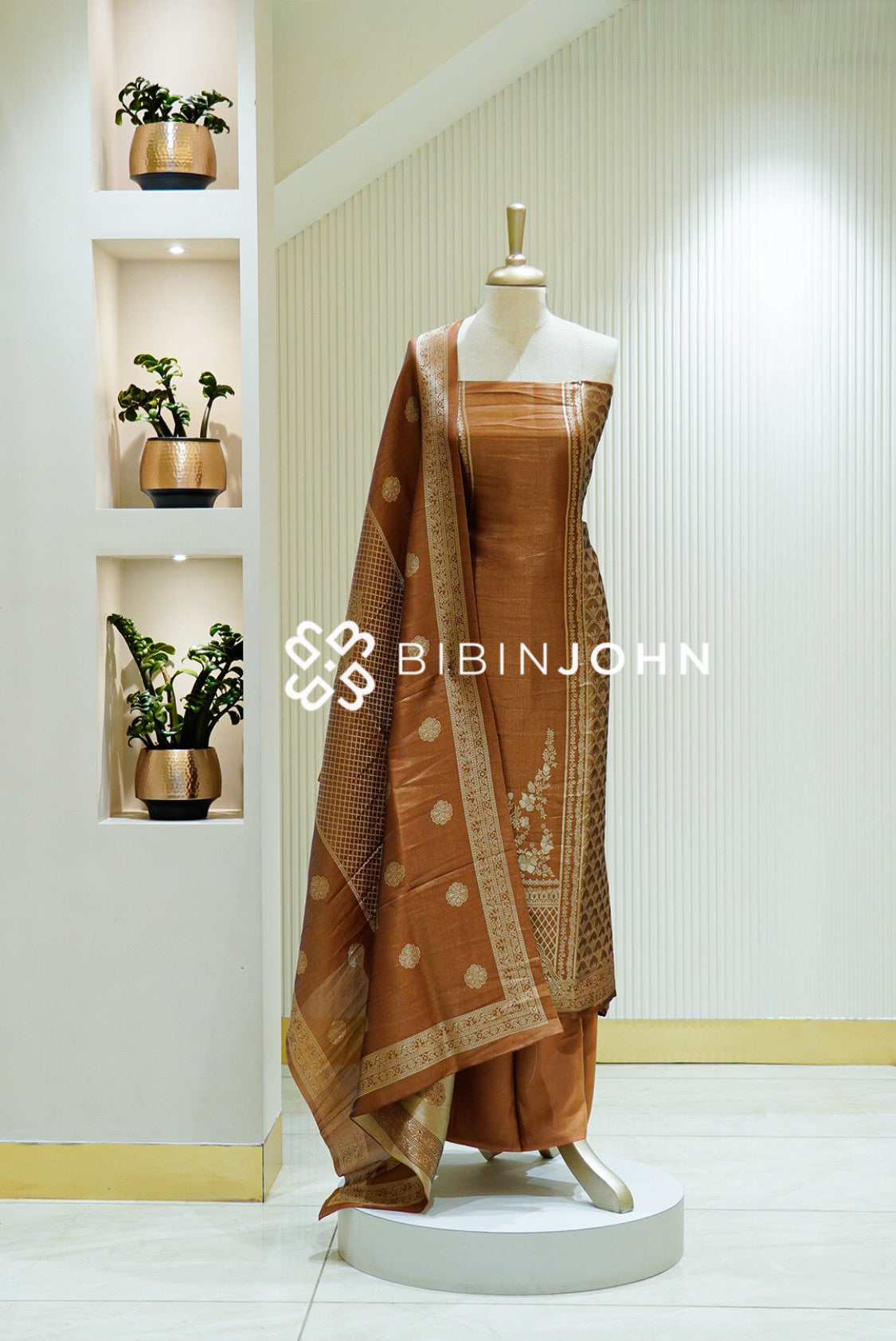 Tissue Banarasi Unstitched Salwar Suit Material Copper Brown 