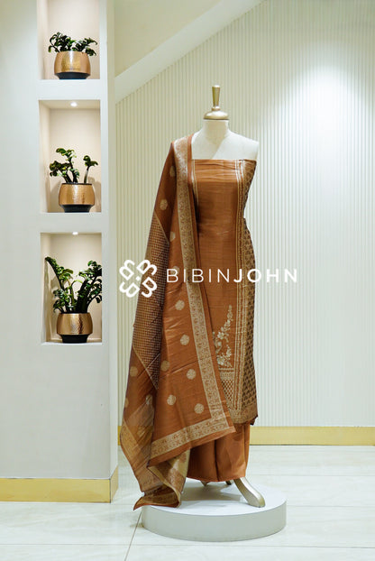 Tissue Banarasi Unstitched Salwar Suit Material Copper Brown 