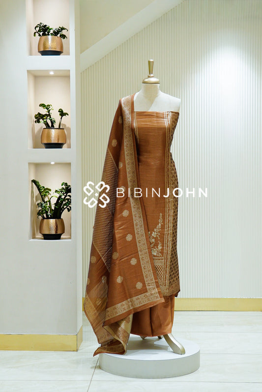 Tissue Banarasi Unstitched Salwar Suit Material Copper Brown 