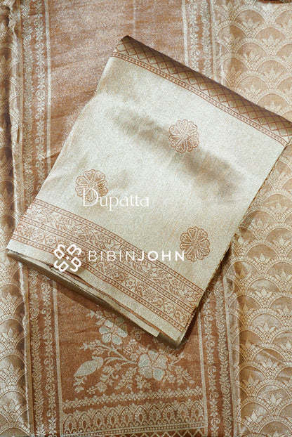 Tissue Banarasi Unstitched Salwar Suit Material Copper Brown  DUPATTA