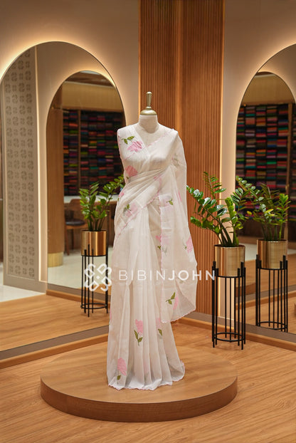 Cotta Embroidery Saree Ivory White
