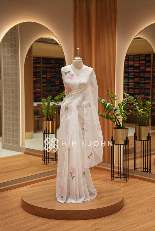 Cotta Embroidery Saree Ivory White