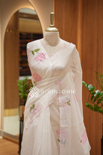 Cotta Embroidery Saree Ivory White CLOSE VIEW