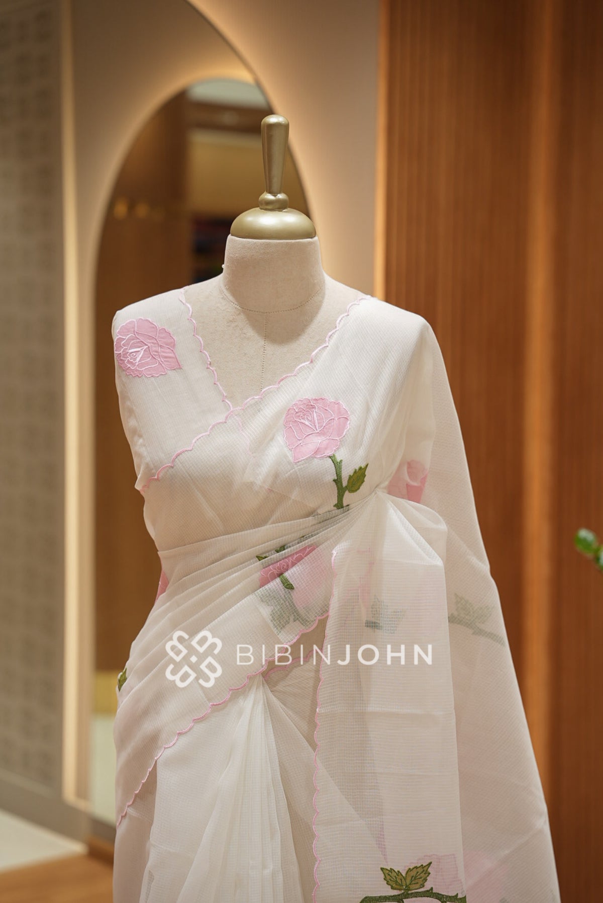 Cotta Embroidery Saree White With Baby Pink close view